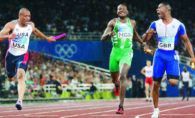 Maurice Greene, Deji Aliu and Mark Lewis-Francis as they cross the finish line in the men's 4x100m at Athens '04
