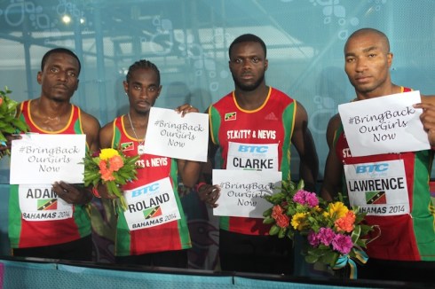 St Kitts & Nevis, 4x200m Silver, World Relays 2014 (L-R, Antoine Adams, Lestrod Roland, Allistar Clarke, Brijesh Lawrence) 