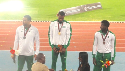 L-R, Alex Al-Ameen, Tryon Akins & Martins Ogieriakhi being awarded their Silver, GOLD and Bronze Medals respectively by AFN President, Solomon Ogba